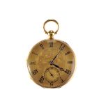 An early Victorian 18ct gold open faced pocket watch, the gilt dial foilate engraved to the