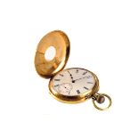 A late Victorian 18ct gold half hunter pocket watch, the white enamel dial with black Roman