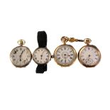 A late 19th century 18ct gold Swiss open faced fob watch, with decorated white enamel dial, black