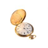 An 18ct gold full hunter pocket watch signed E.J Dent, the signed white enamel dial with black Roman