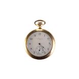 A late 19th century Elgin gold open faced pocket watch, the signed white enamel dial with black