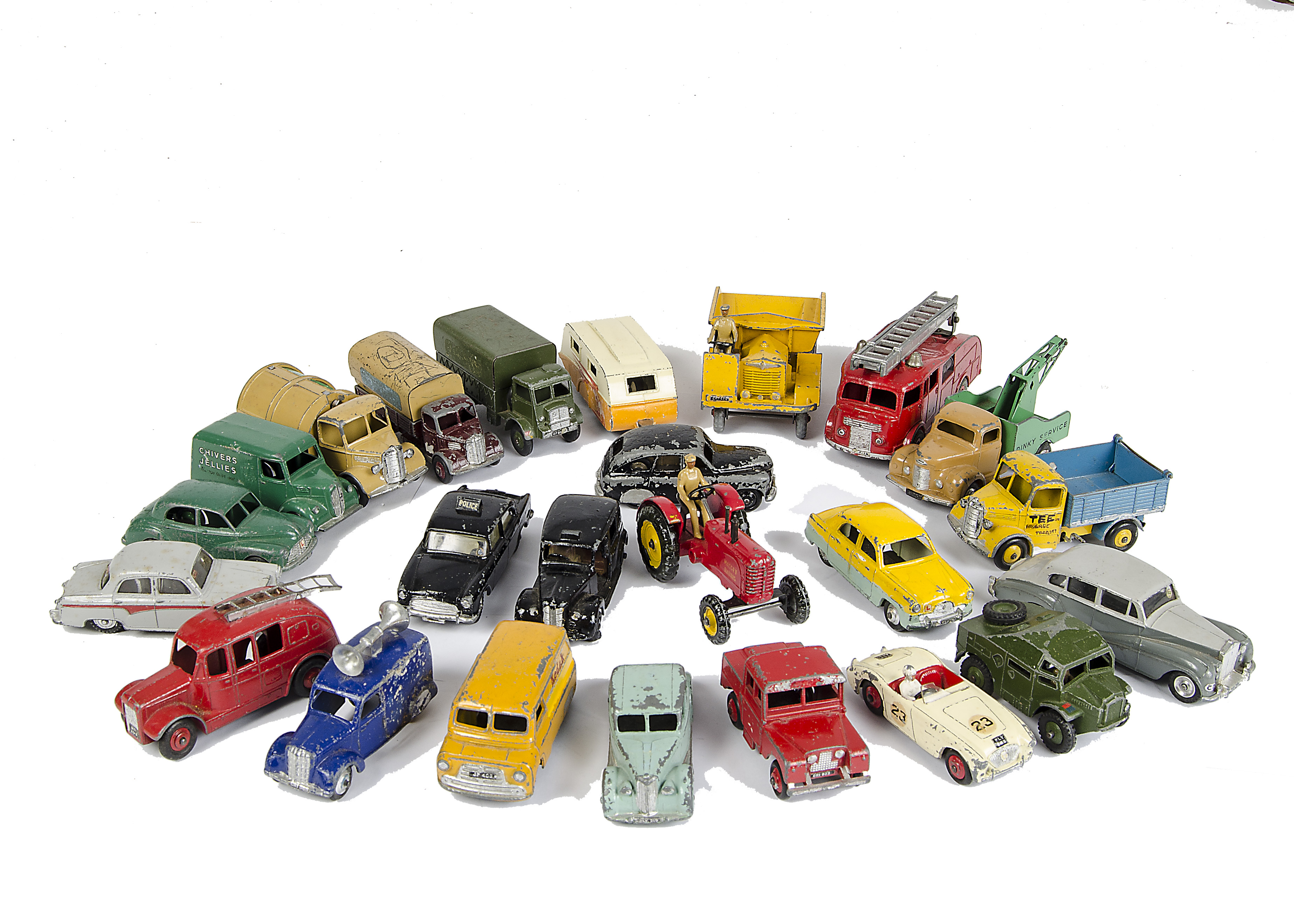 Dinky Toys Playworn Cars & Commercials, including Morris Oxford, Ford Zephyr, Trojan 'Chivers'