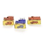 A Dinky Toys 471 Austin Van "Nestles", 440 Petrol Tanker "Mobilgas", 492 Loud Speaker Van, violet-