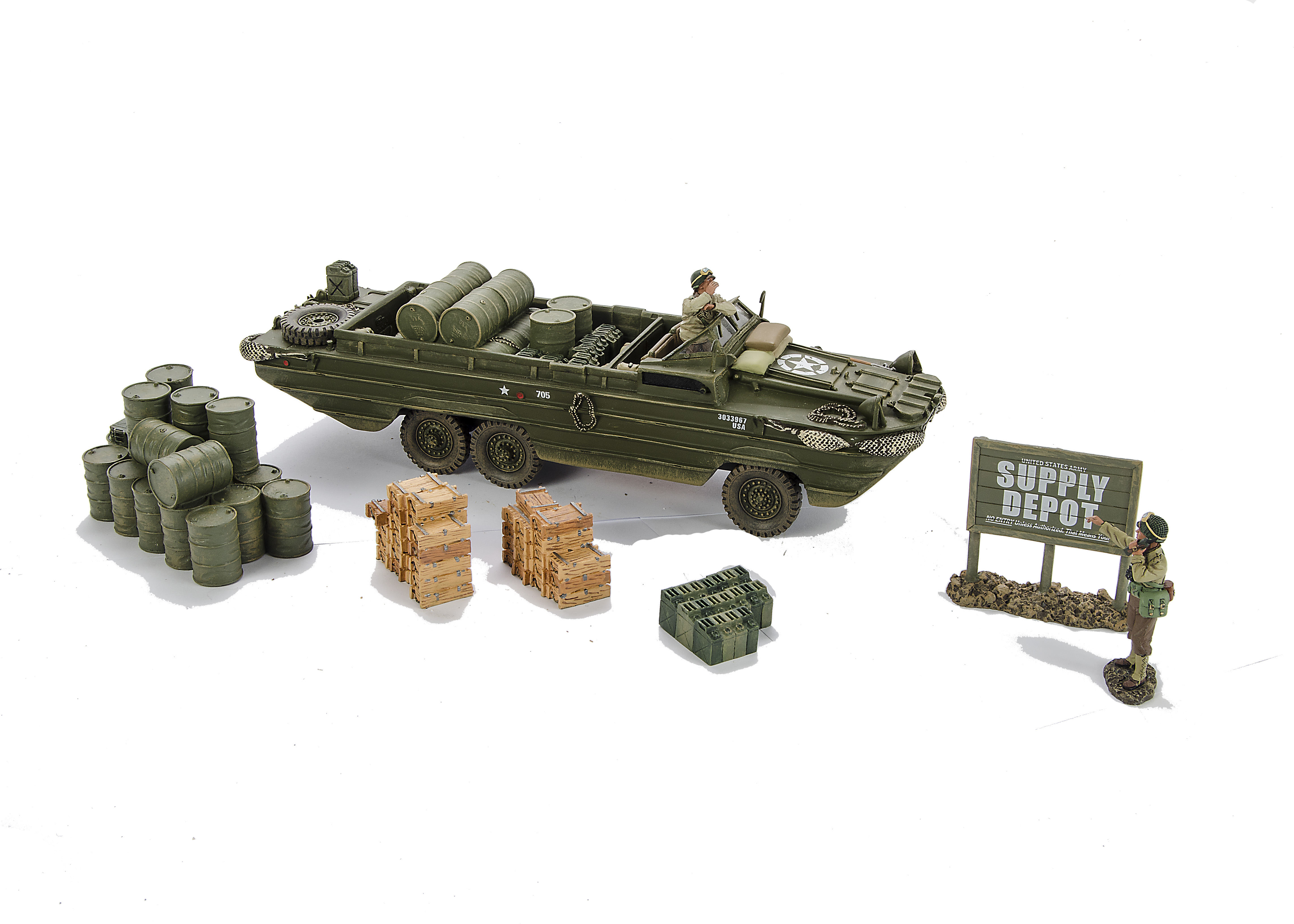 King & Country D Day series DD63 DUKW Amphibious craft with crew (2), and Supply Depot pieces (5),