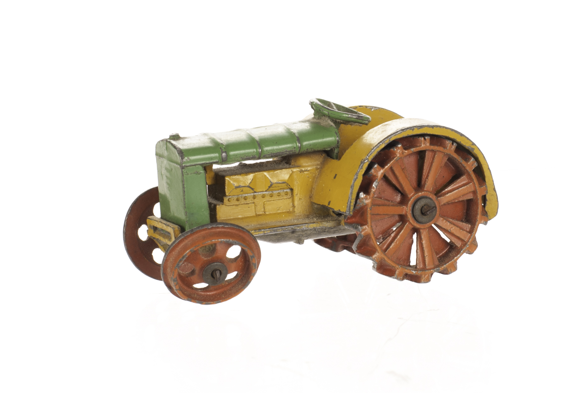 A Pre-War Dinky Toys 22e Farm Tractor, Dinky Toys' cast-in, with hook, green/yellow body, red