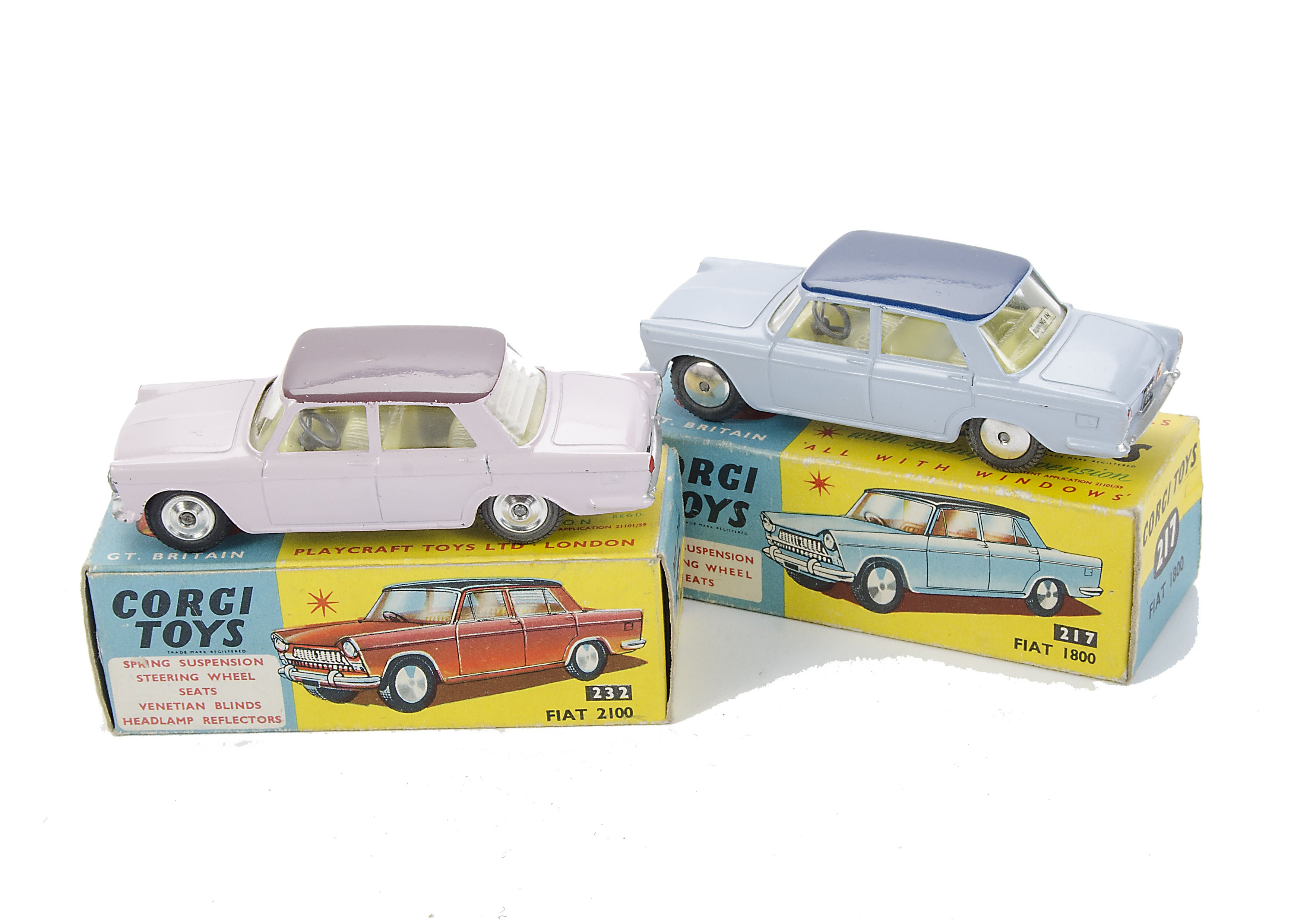 Fiat by Corgi Toys, 232 Fiat 2100, pale pink, mauve roof, 217 Fiat 1800, light blue body, dark