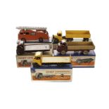 Dinky Supertoys 521 Bedford Articulated Lorry, yellow cab and back, black wings, 555 Fire Engine,