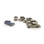 39 Series Dinky Toys Cars, 39e Chrysler Royal Sedan, dark blue, 39f Studebaker, dark grey (2), 39b