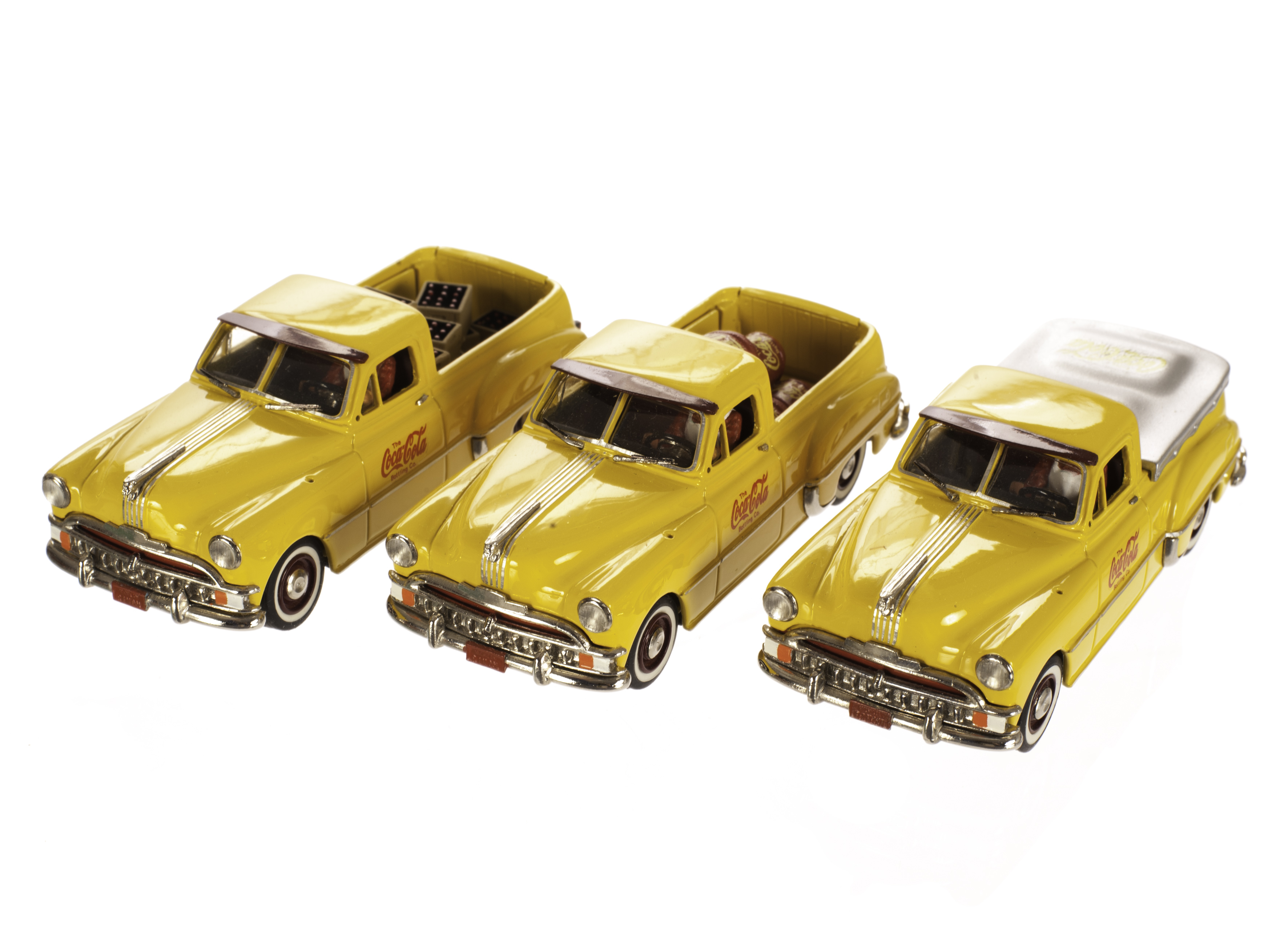 R & J Miniatures 1/43 White Metal Models, 1949 Pontiac Pick Up, yellow Coca-Cola livery (3), with