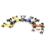 Tri-ang Scalextric Racing Cars, C58 Cooper (3), one green RN16, one yellow RN3, one blue, C82 Lotus,