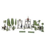 19th Century German flats of an English Garden scene, 30mm foot figures (7), mounted (2), 70mm trees