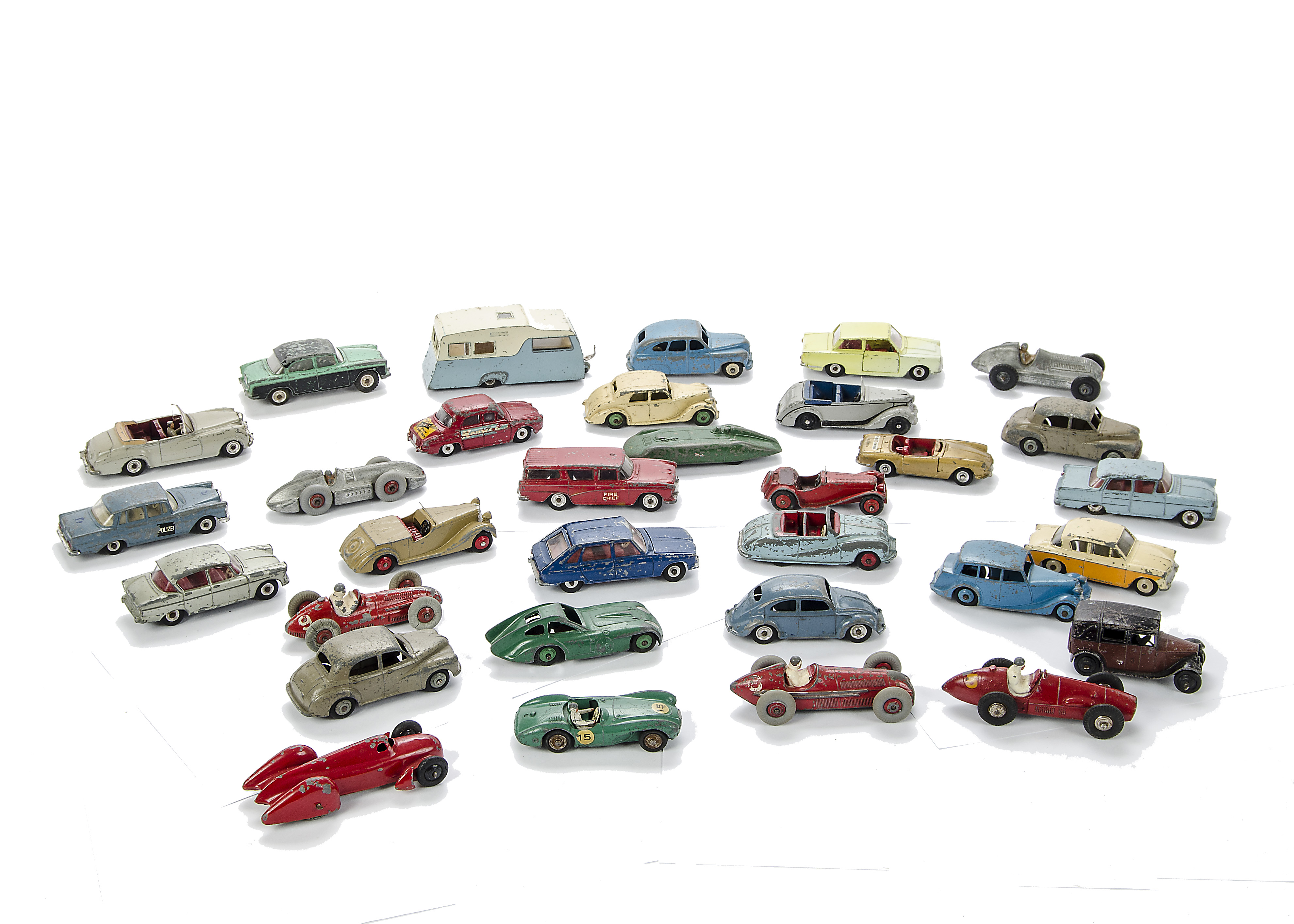 Dinky Toy Cars, 30+ including Morris Oxford, Sunbeam Talbot, Jaguar SS100, Auto Union, Maserati, 23j