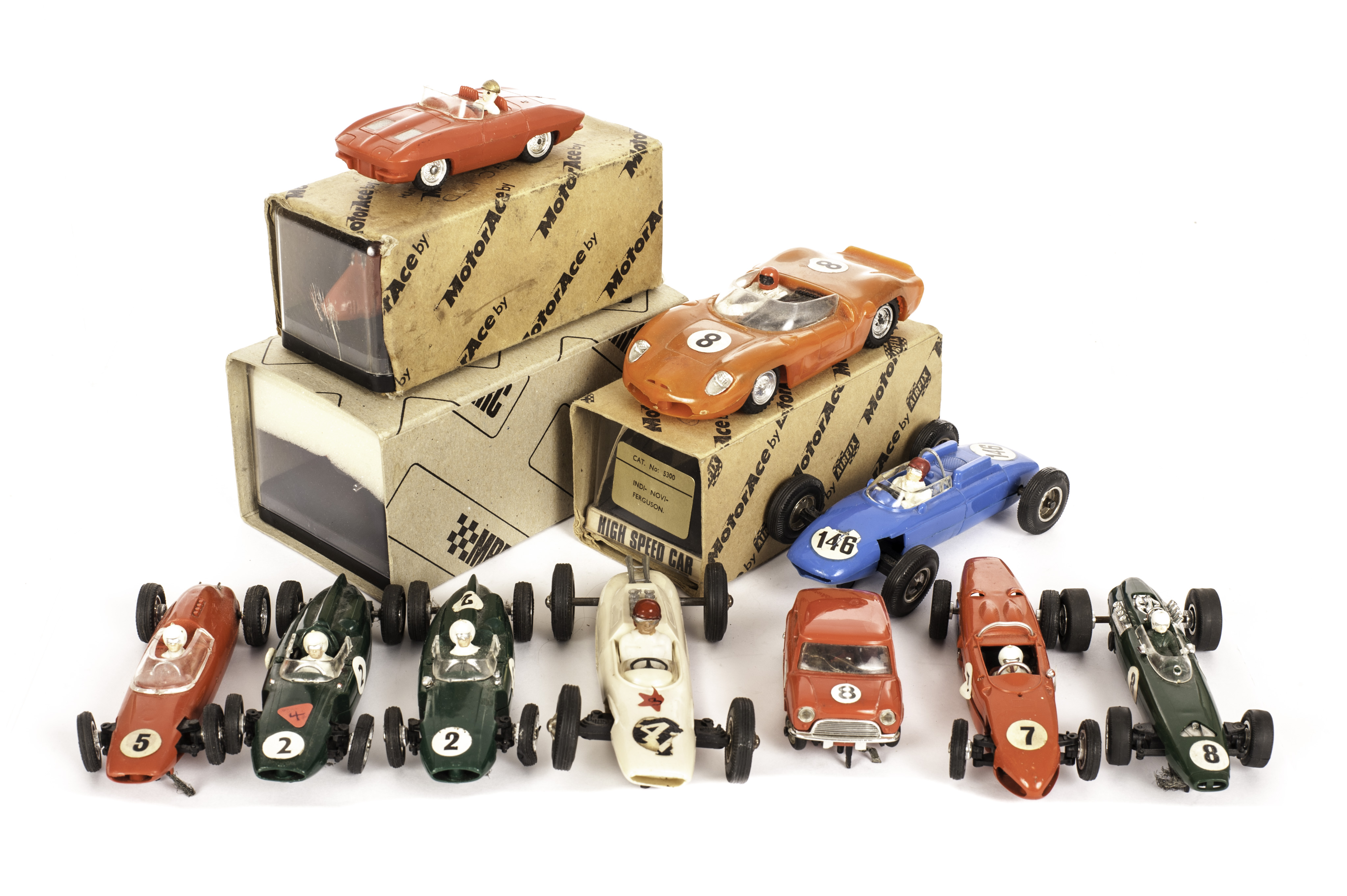 Slot Racing Cars, Airfix/M.R.R.C Ferrari 312T, Maserati, in original boxes, loose SRM Mini, Marx