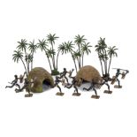 Loose components of Britains set 188 Zulu Kraal, composition huts (2), palm trees (4), Zulus (8),