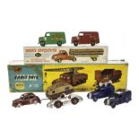 Dinky Toys 454 Trojan Van 'Cydrax', 455 'Brooke Bond', pre-war 30g Caravan, brown/tan, smooth