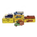 Dinky Toys 470 Austin Van "Shell", 440 Petrol Tanker "Mobilgas", 414 Rear Tipping Wagon, mid-blue