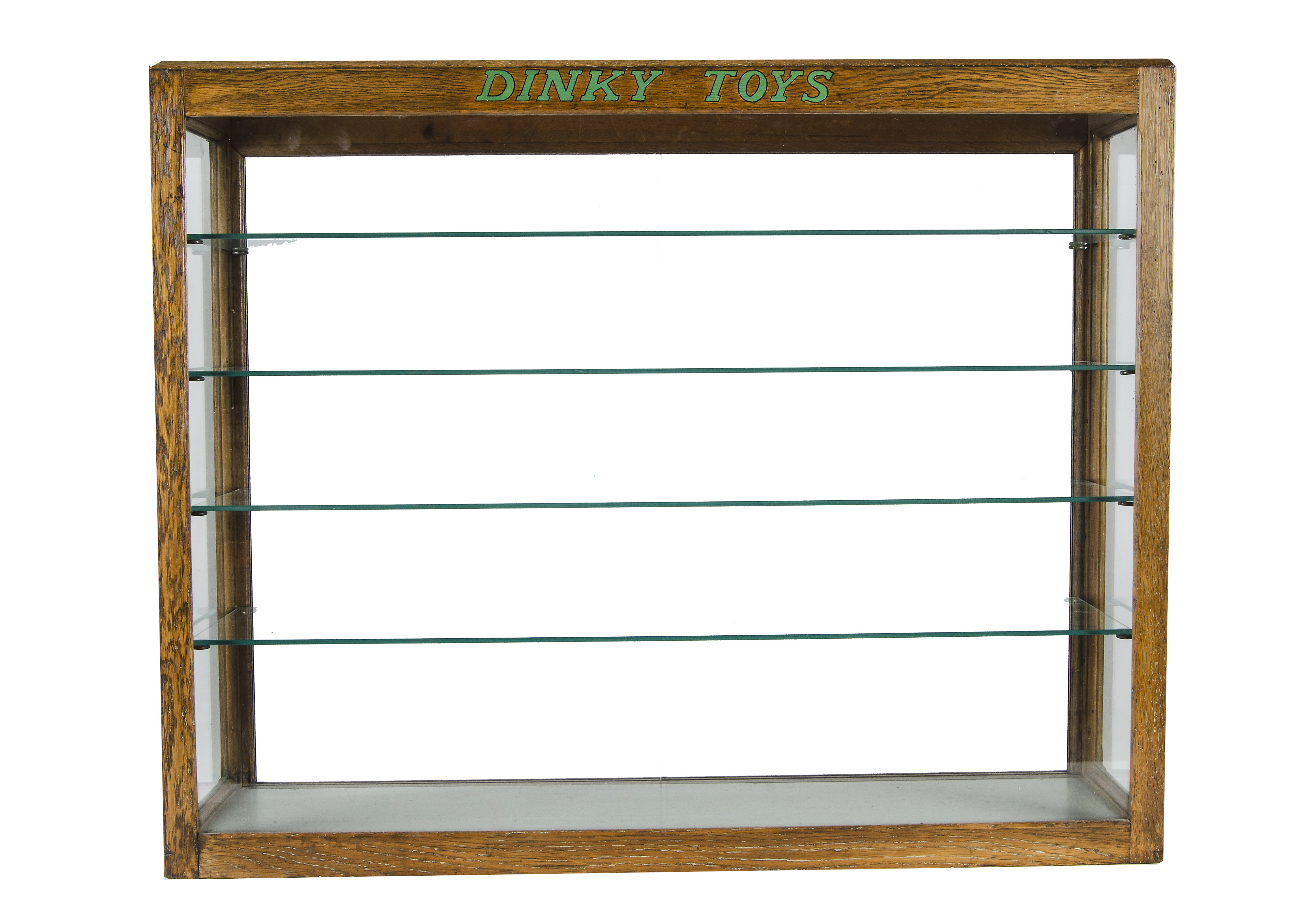 A Dinky Toys Rear Loading Wooden Display Cabinet, wooden framed glass display case with four