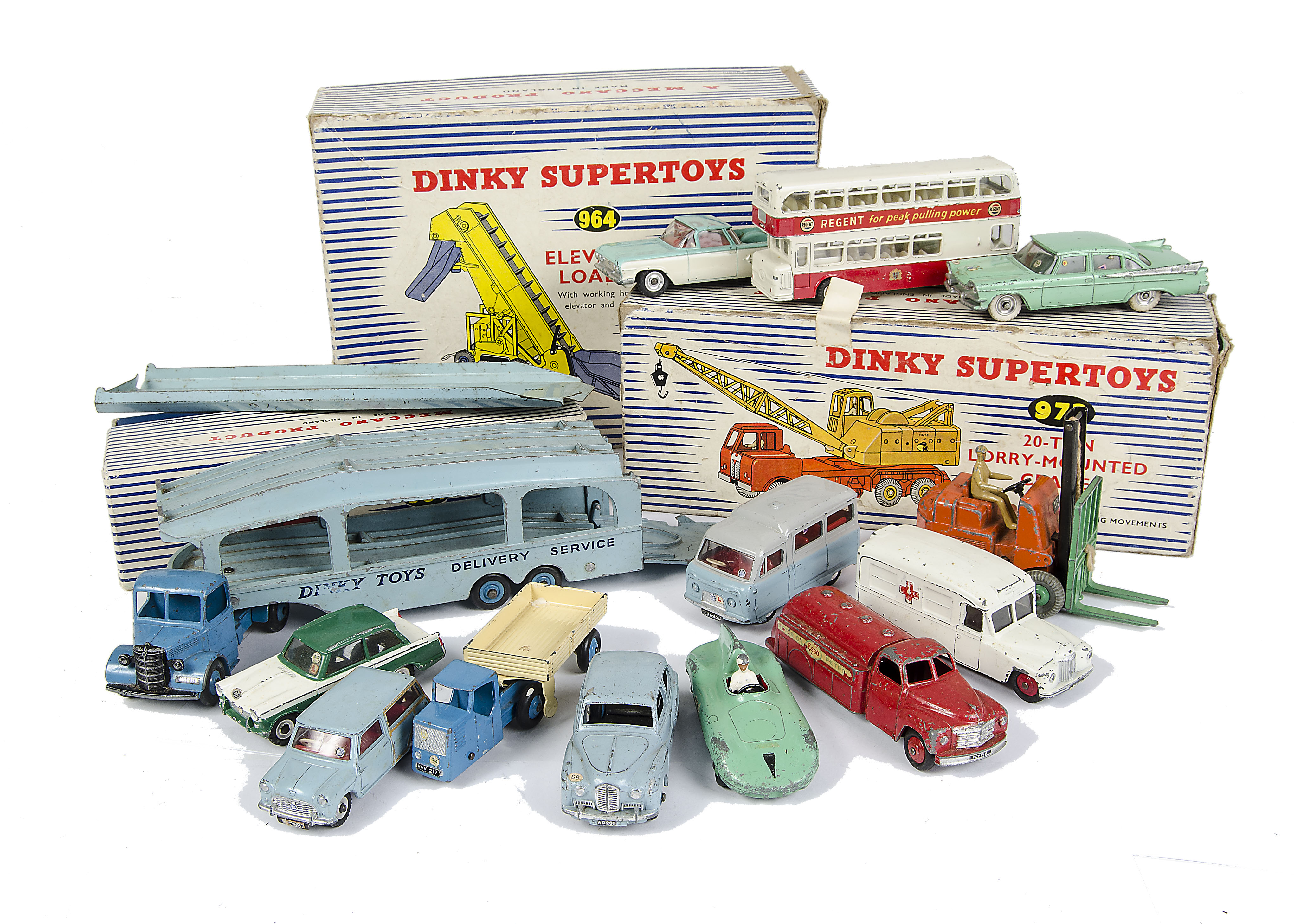 A Dinky Supertoys 981 Horse Box, 964 Elevator Loader, 972 Coles Lorry Mounted Crane, in original