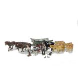 Collection of Britains farm lead figures, including 4 wheel wagon, rake, roller, Jersey cows (7