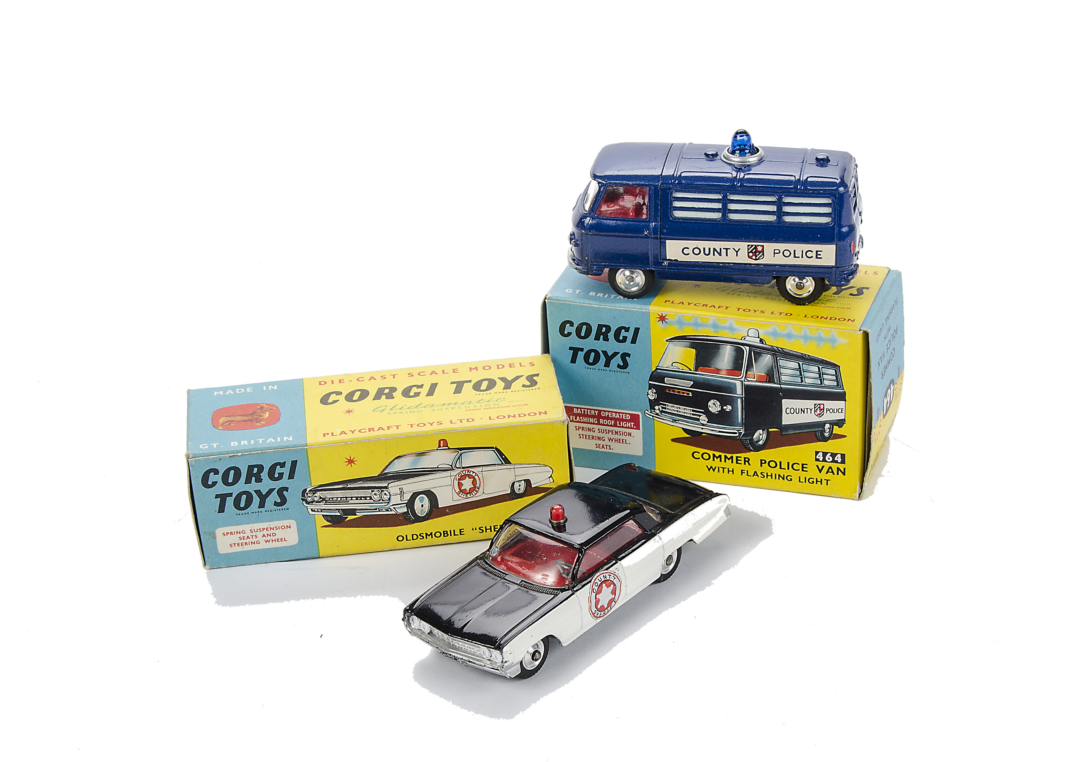 A Corgi Toys 237 Oldsmobile "Sheriff" Car, 464 Commer Police Van, 'County Police' bars, in