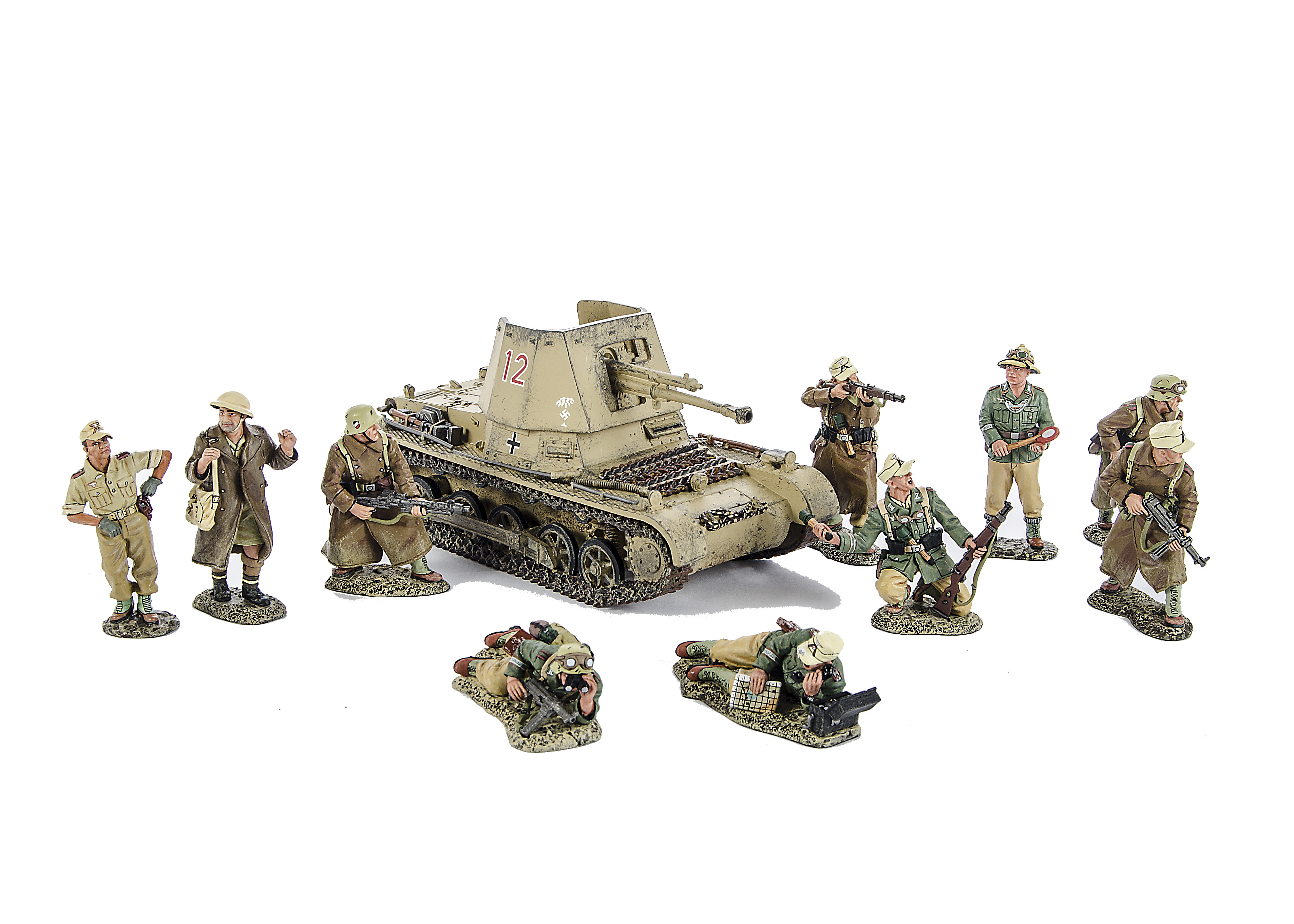 King & Country Afrika Korps AK84 Panzerjager with crewman, with troops AK76, 78, 79, 80, 81, 82