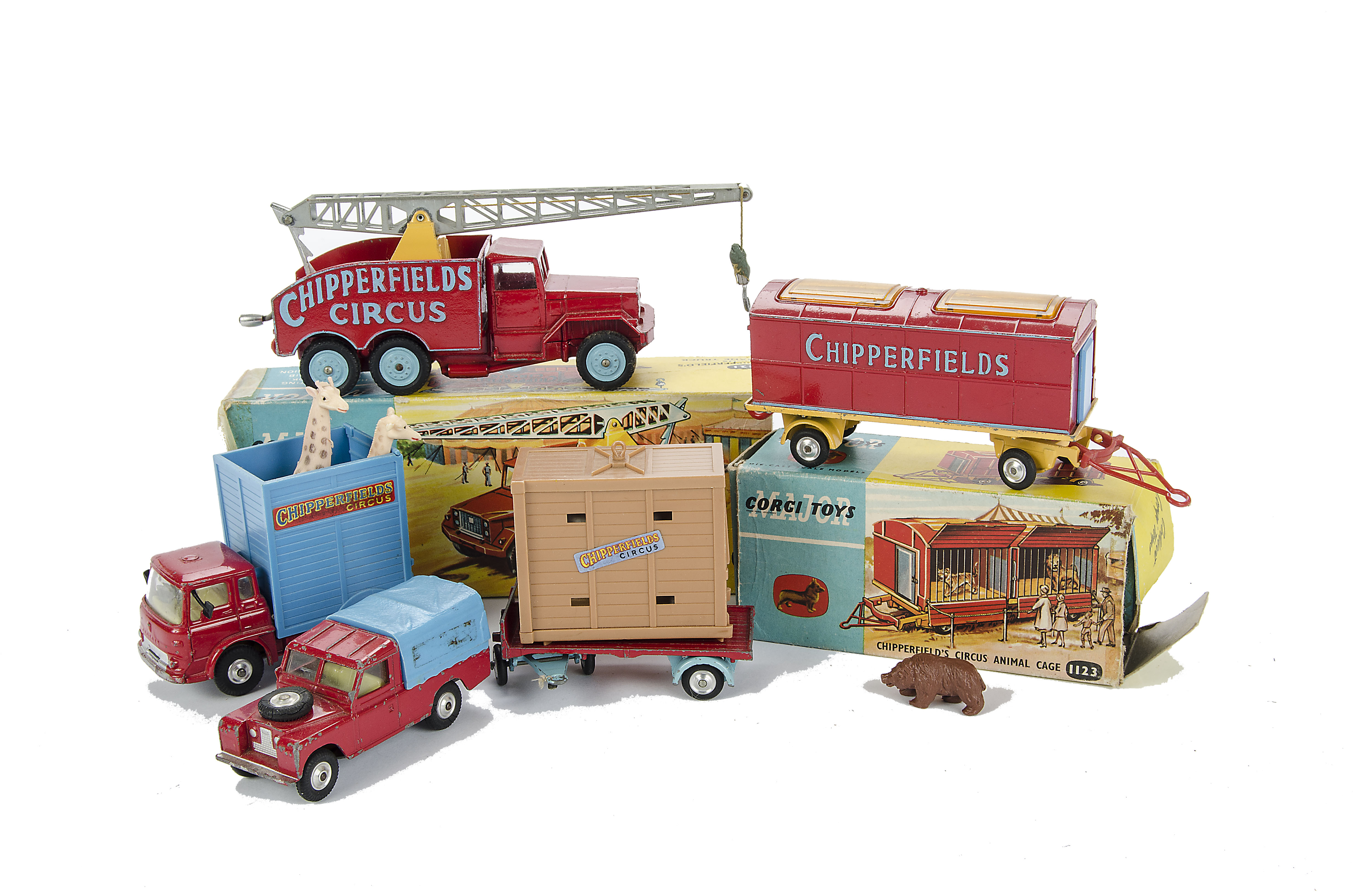 Corgi Toys Chipperfield's Circus 1121 Crane Truck, 1123 Animal Cage, in original boxes, loose