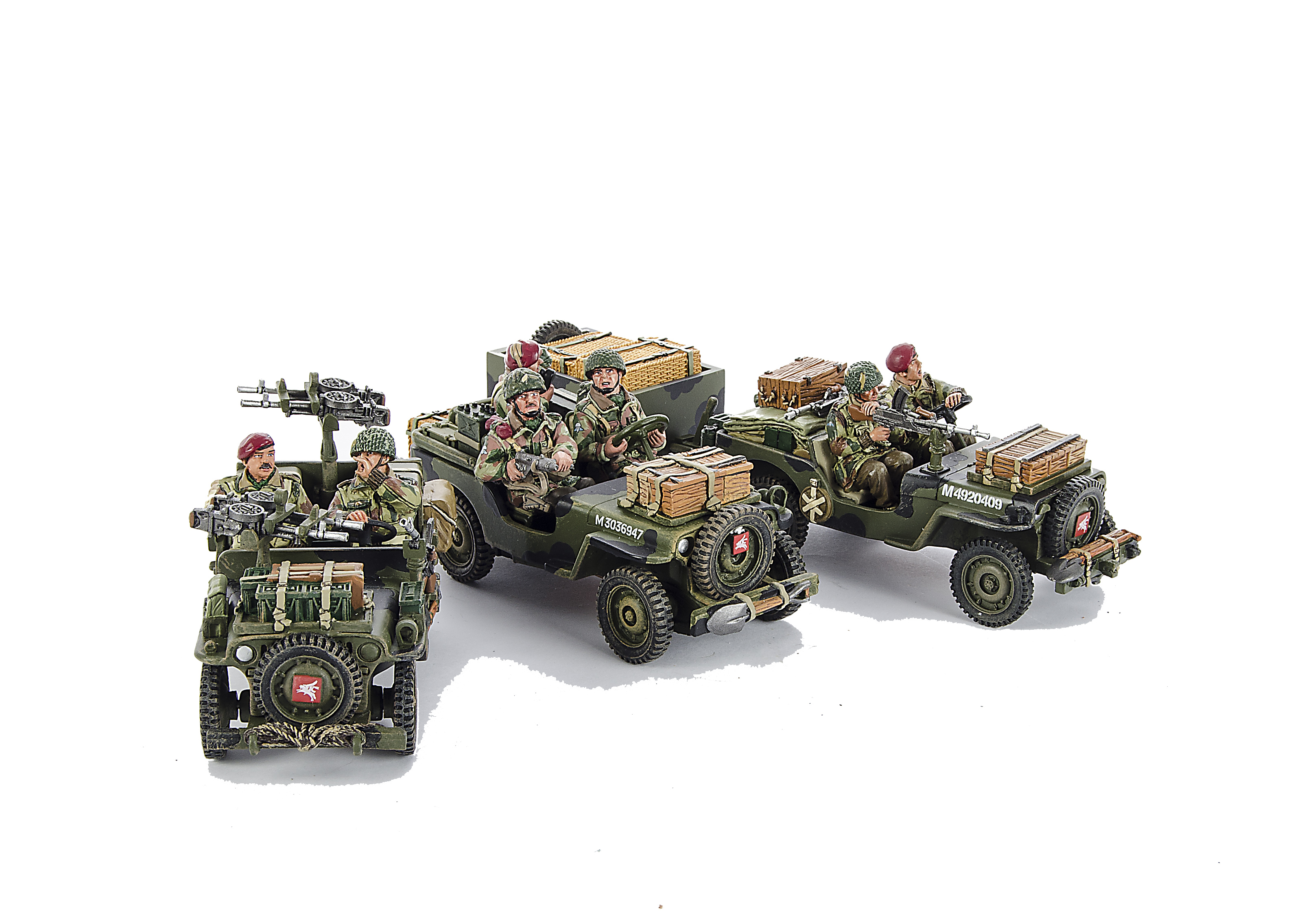 King & Country Arnhem series Jeeps, MG01, MG02 with trailer, and MG29, VG, (4),