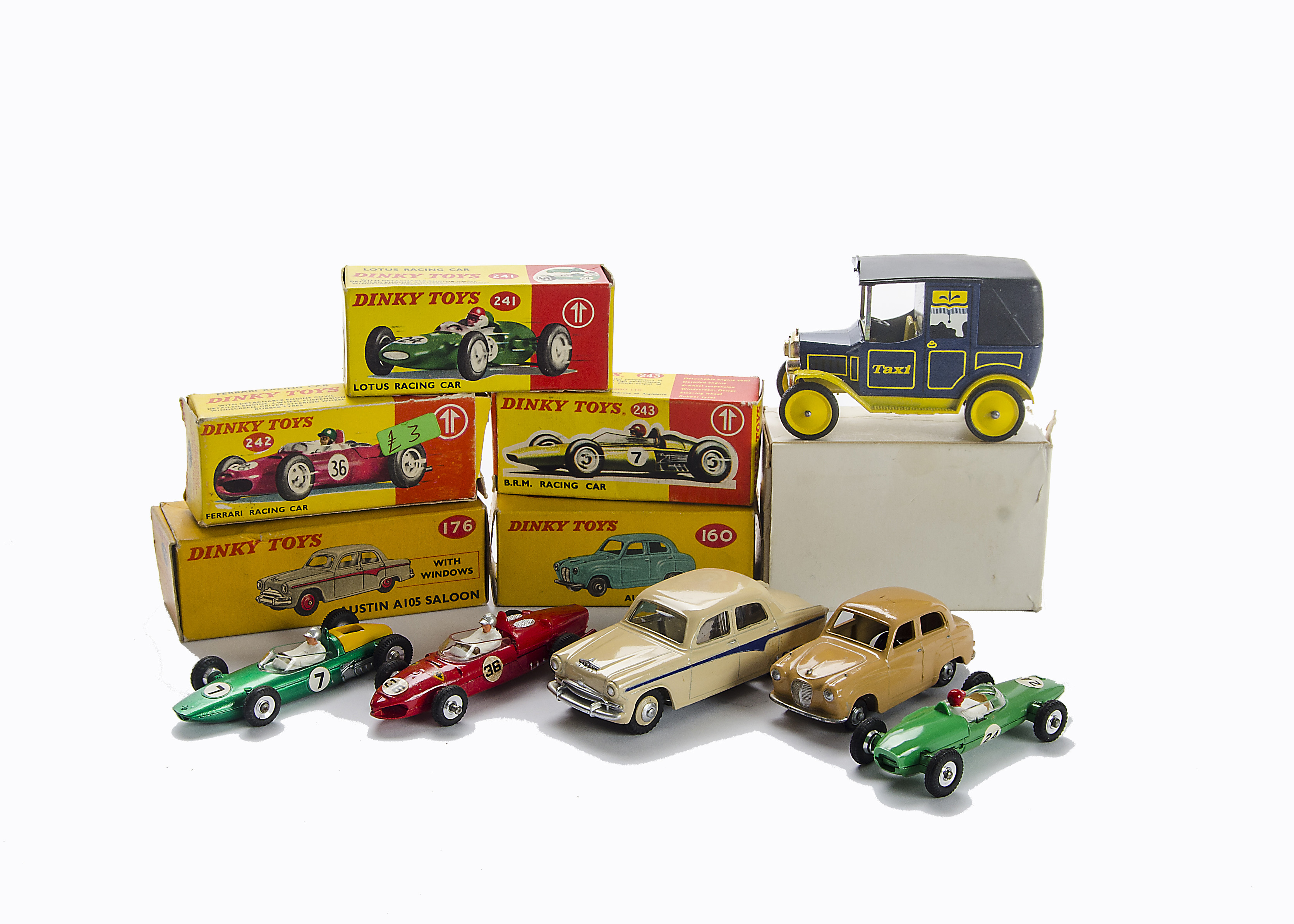 Dinky Toys 241 Lotus Racing Car, 242 Ferrari Racing Car, 243 BRM Racing Car, 160 Austin A30