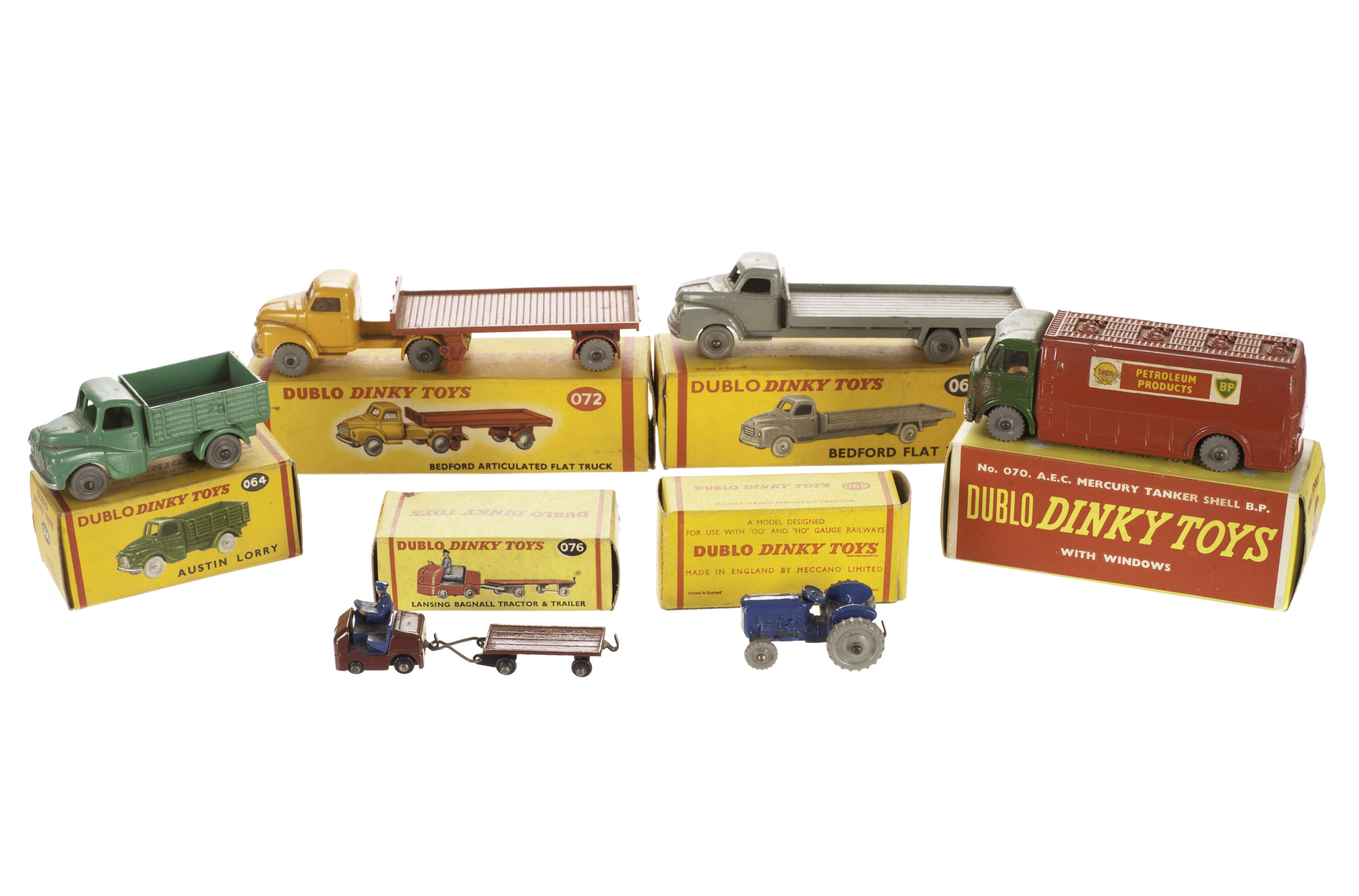 Dublo Dinky Toys, 076 Lansing Bagnall Tractor & Trailer, 069 Massey Harris Ferguson Tractor, 066