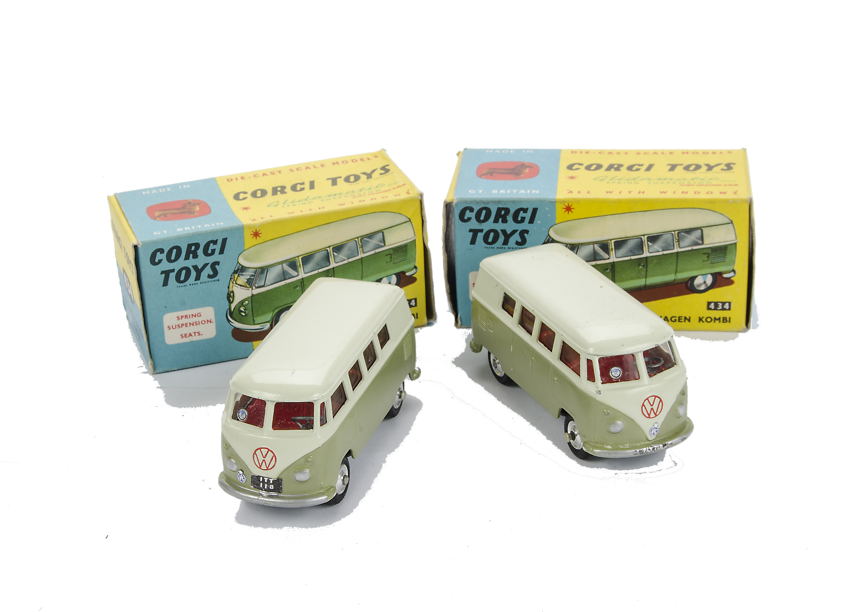 Corgi Toys 434 Volkswagen Kombi, two tone green body, red interior, two examples, in original boxes,