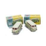 Corgi Toys 434 Volkswagen Kombi, two tone green body, red interior, two examples, in original boxes,