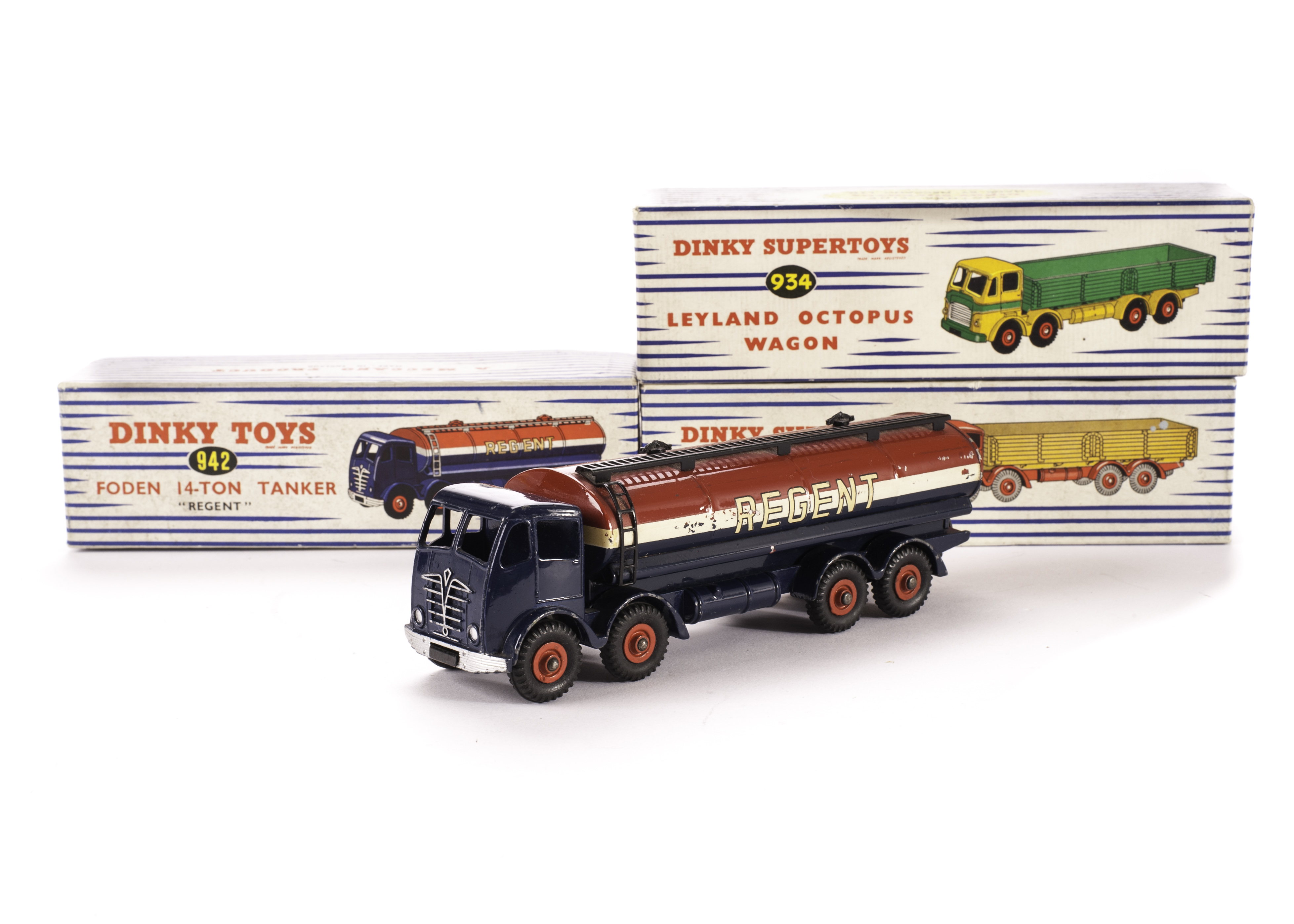 A Dinky Toys 942 Foden 14-Ton "Regent" Tanker, 2nd type dark blue cab and chassis, red grooved hubs,