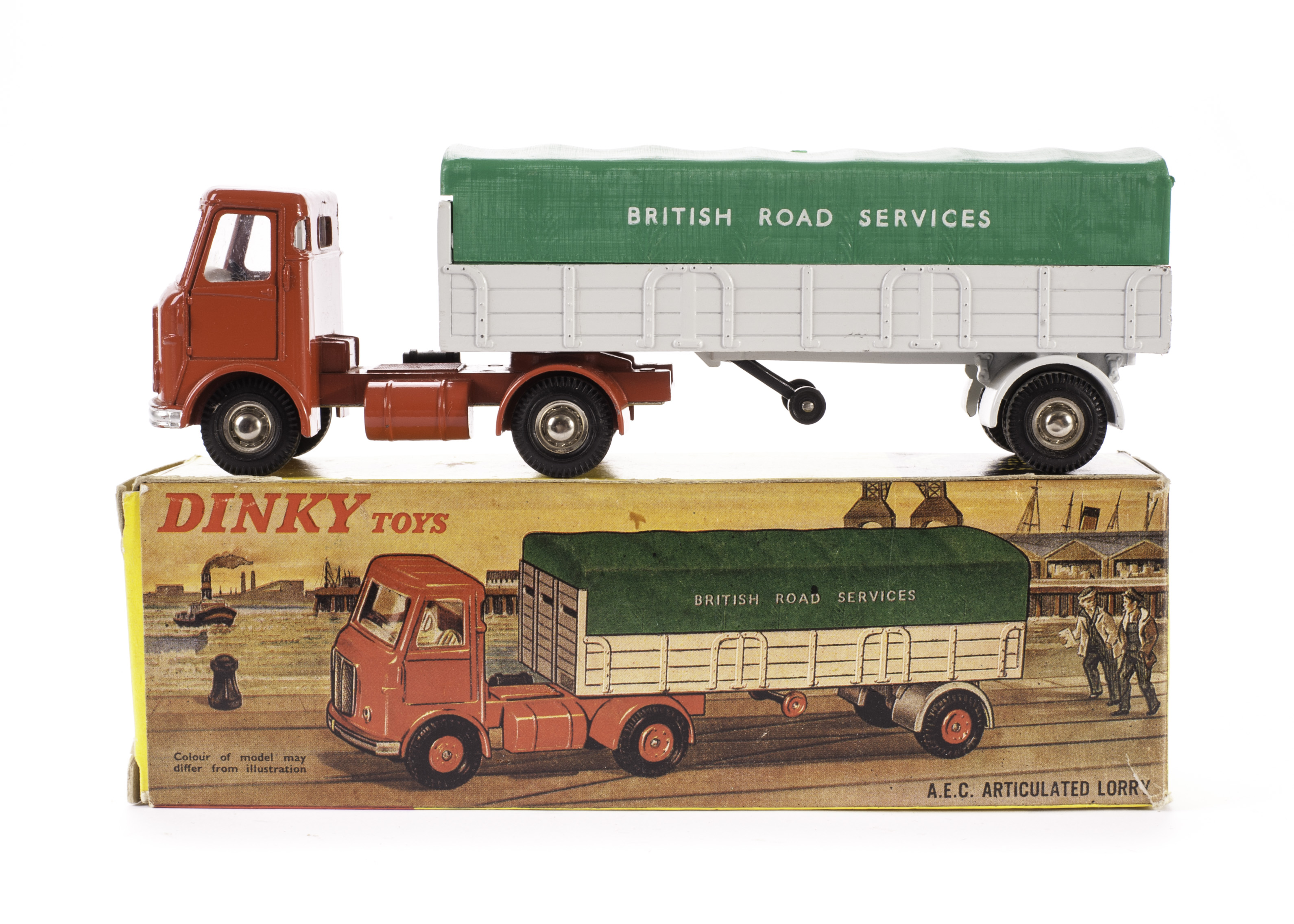 A Dinky Toys 914 A.E.C Articulated Lorry, red cab, white back, British Road Services green plastic