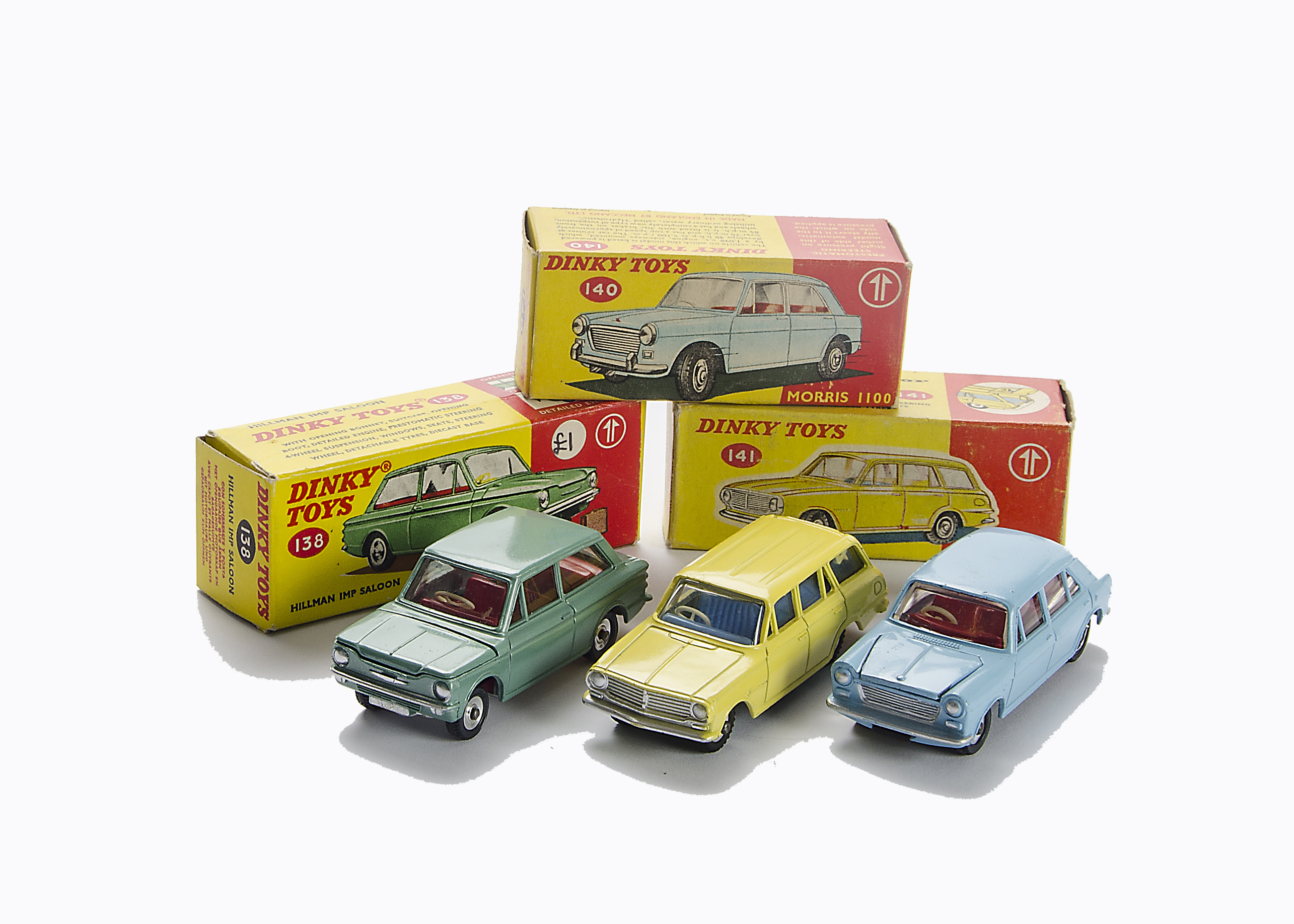 Dinky Toys Cars, 140 Morris 1100, light blue body, 141 Vauxhall Victor Estate, yellow body, blue