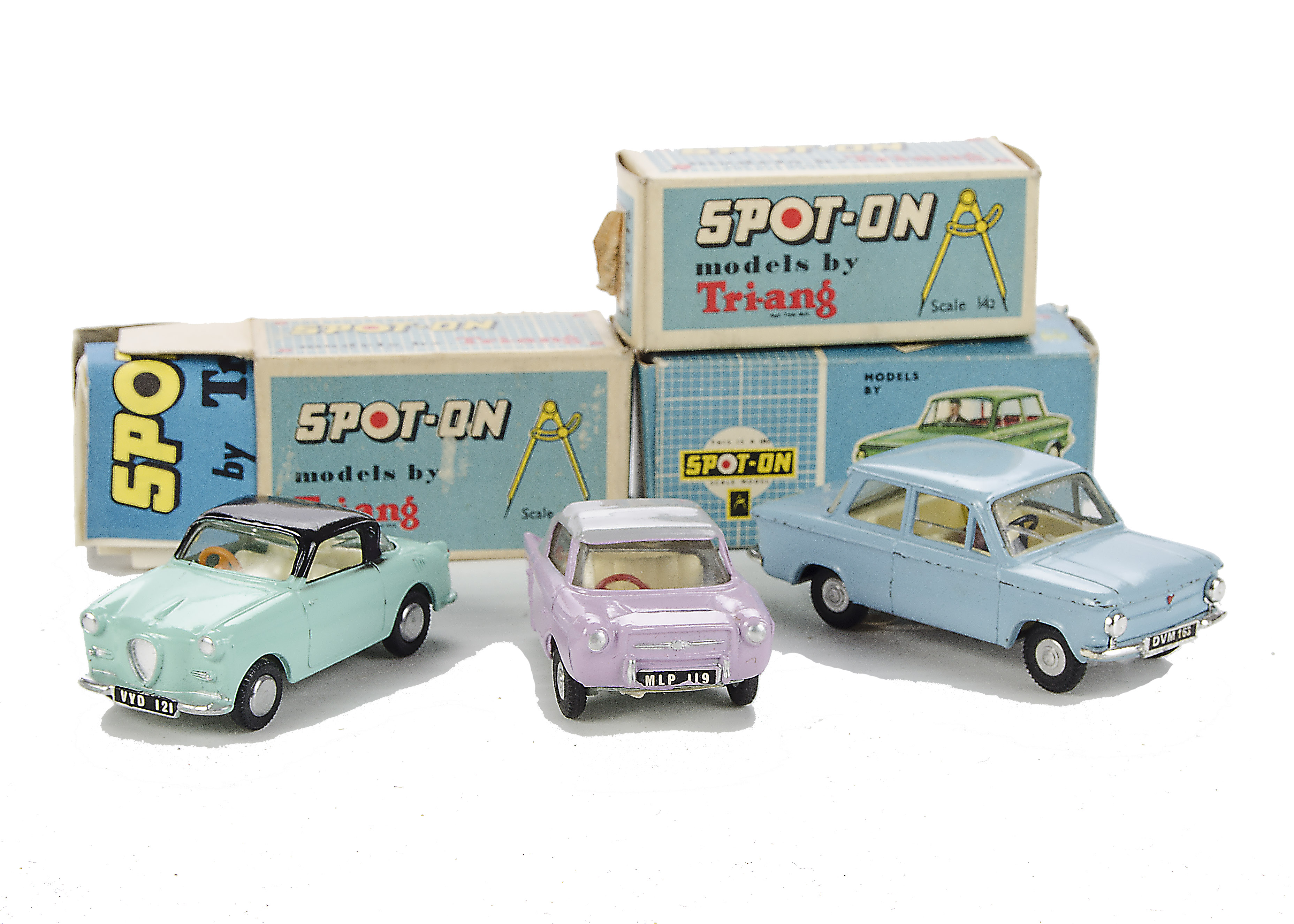 Tri-ang Spot-On small boxed Cars: 119 Meadows Frisky in lilac with grey roof, picture and club