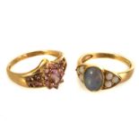 Two 9ct gold and gem set dress rings, one cluster style set with pink stones, the other with a