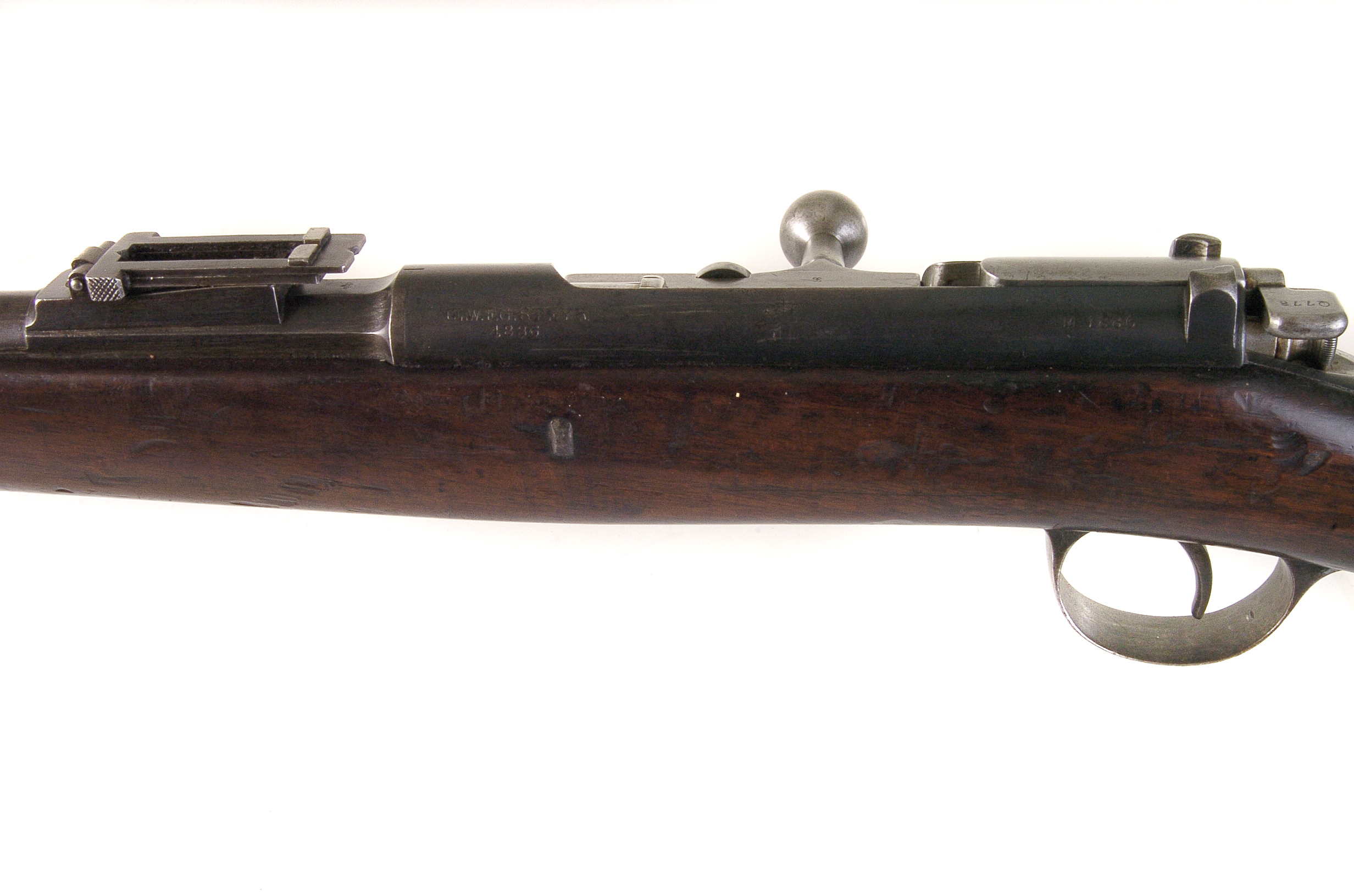 A late 19th century bolt action rifle, inscribed 'CE.W.F.G.Steyr 1886' to barrel, also marked HH597,