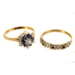 Two 9ct gold sapphire and diamond rings, one being a traditional cluster style, the other a half