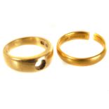 A damaged 22ct gold plain wedding band, approx 4.8g, hallmarked, together with an 18ct gold ring