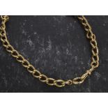 An 18ct gold watch chain, with hallmarked curb links, watch clasp and circular clasp to ends, approx