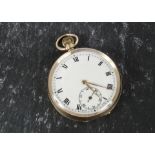 A Swiss 9ct gold cased open faced pocket watch, import marked London 1919, white enamel dial with