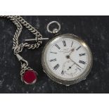 A silver Kay’s Perfection Lever open faced pocket watch, presented on a silver watch chain with