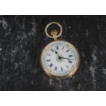 A pretty 14ct gold continental Lady’s fob watch, having enamel dial with blue Roman numerals and