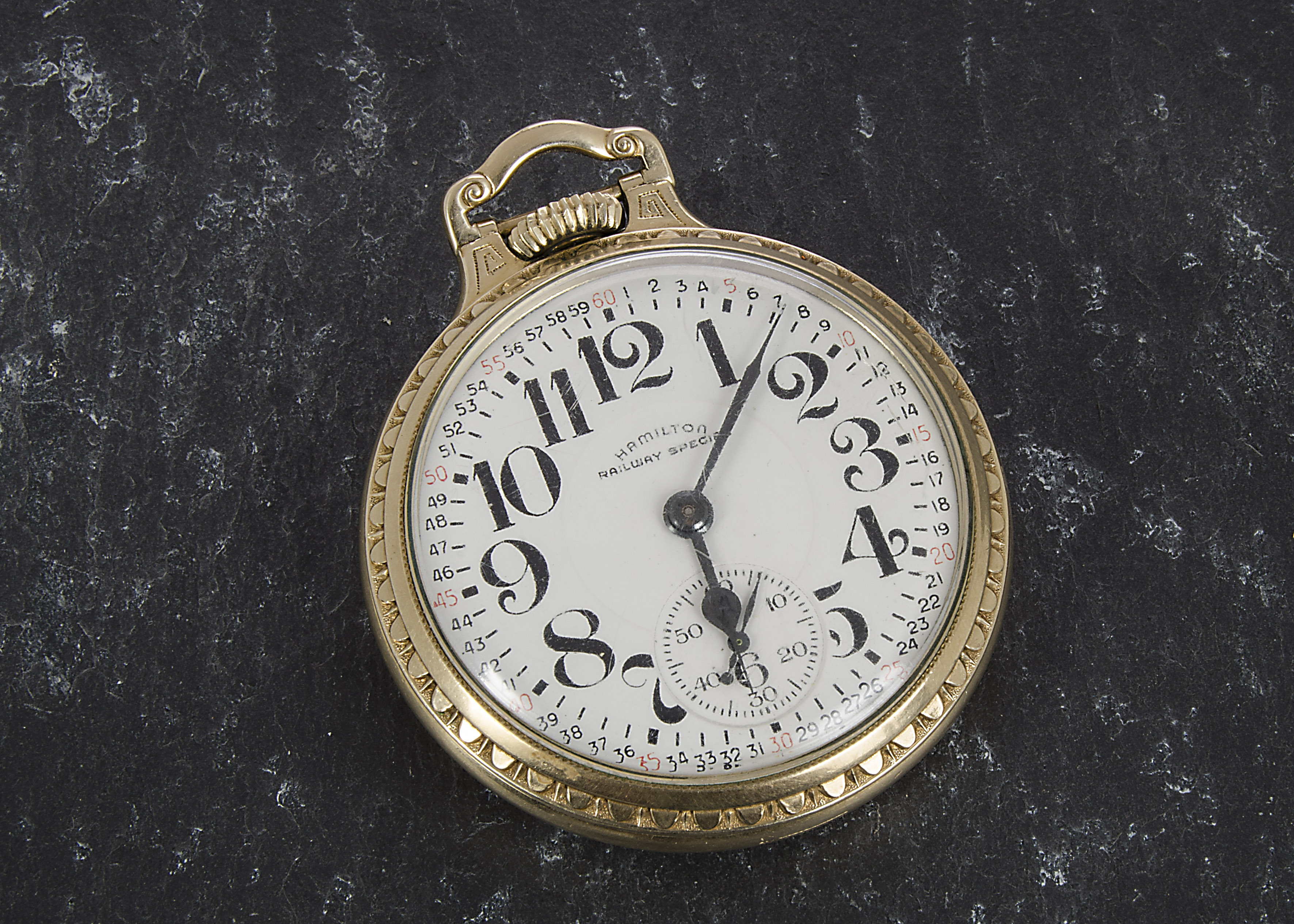 Of Railway interest: An early 20th century open faced railroad pocket watch by Hamilton Watch Co, in