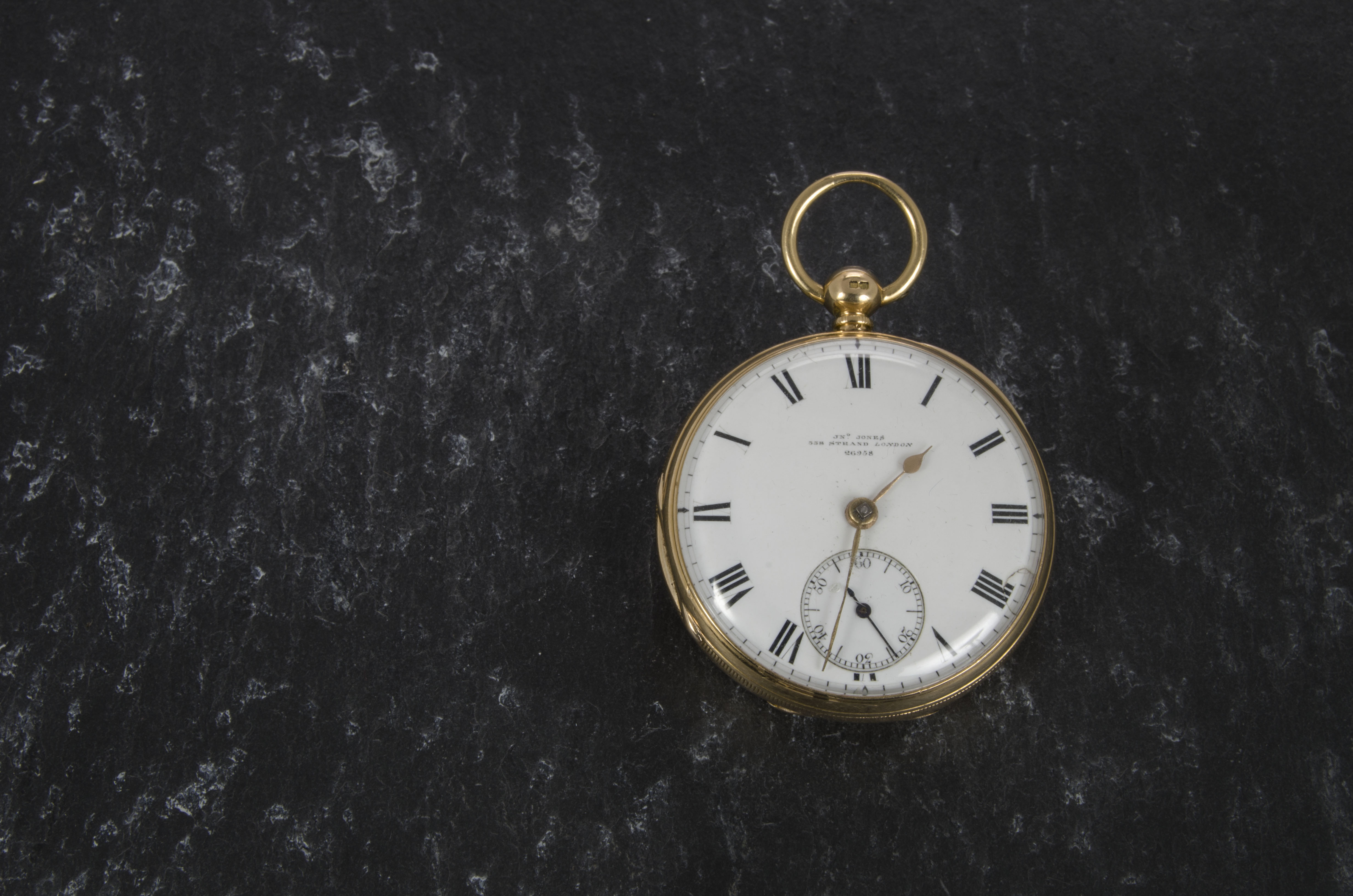 A Victorian 18ct gold open faced pocket watch by In’o Jones, 338 Strand, hallmarked for London 1879,