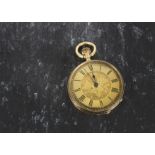 A Swiss 14ct gold lady’s open faced fob watch by Stauffer, Son & Co, gold coloured engraved floral