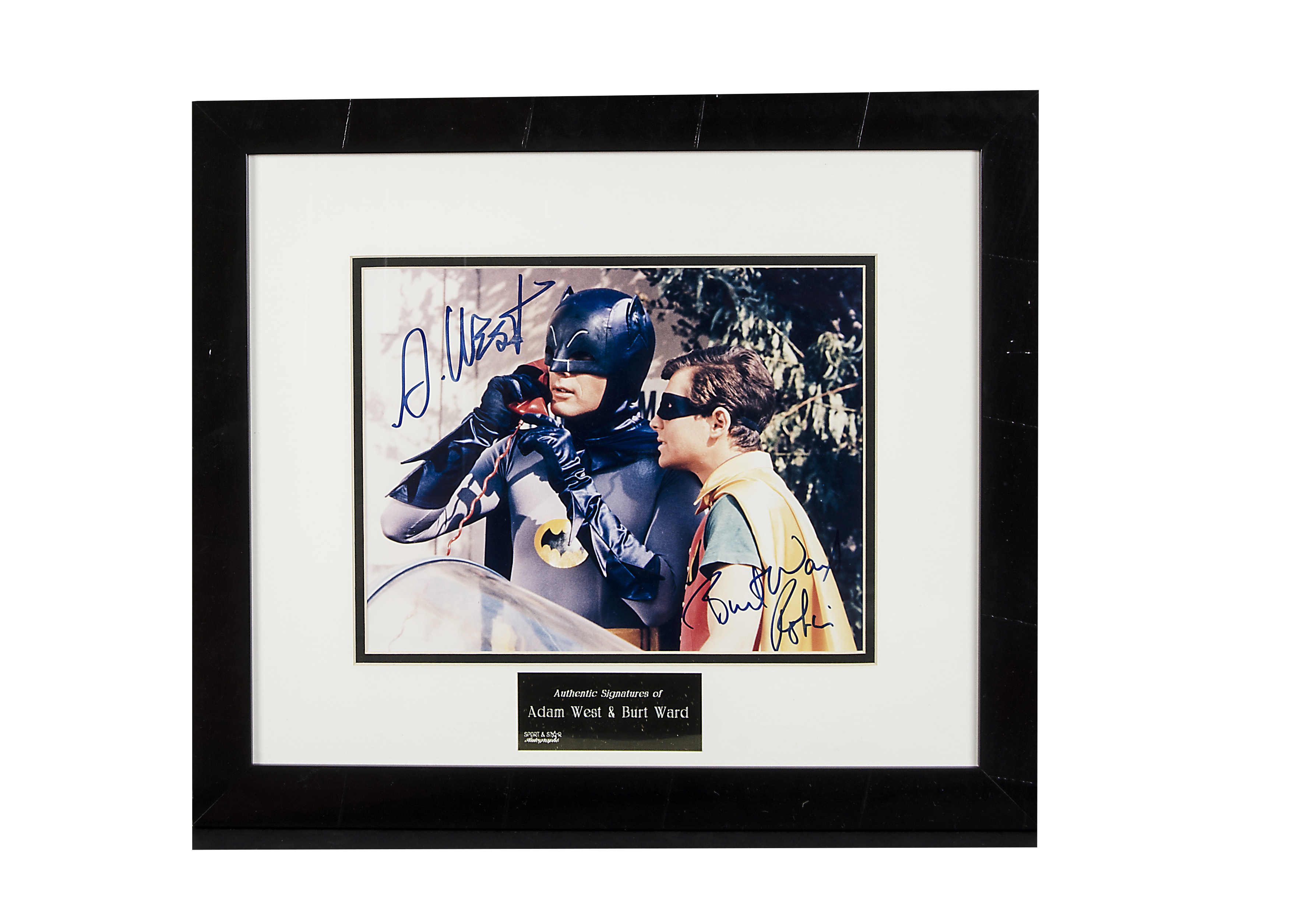 Batman / Autographs Framed and glazed colour print of Batman and Robin signed by Adam West and