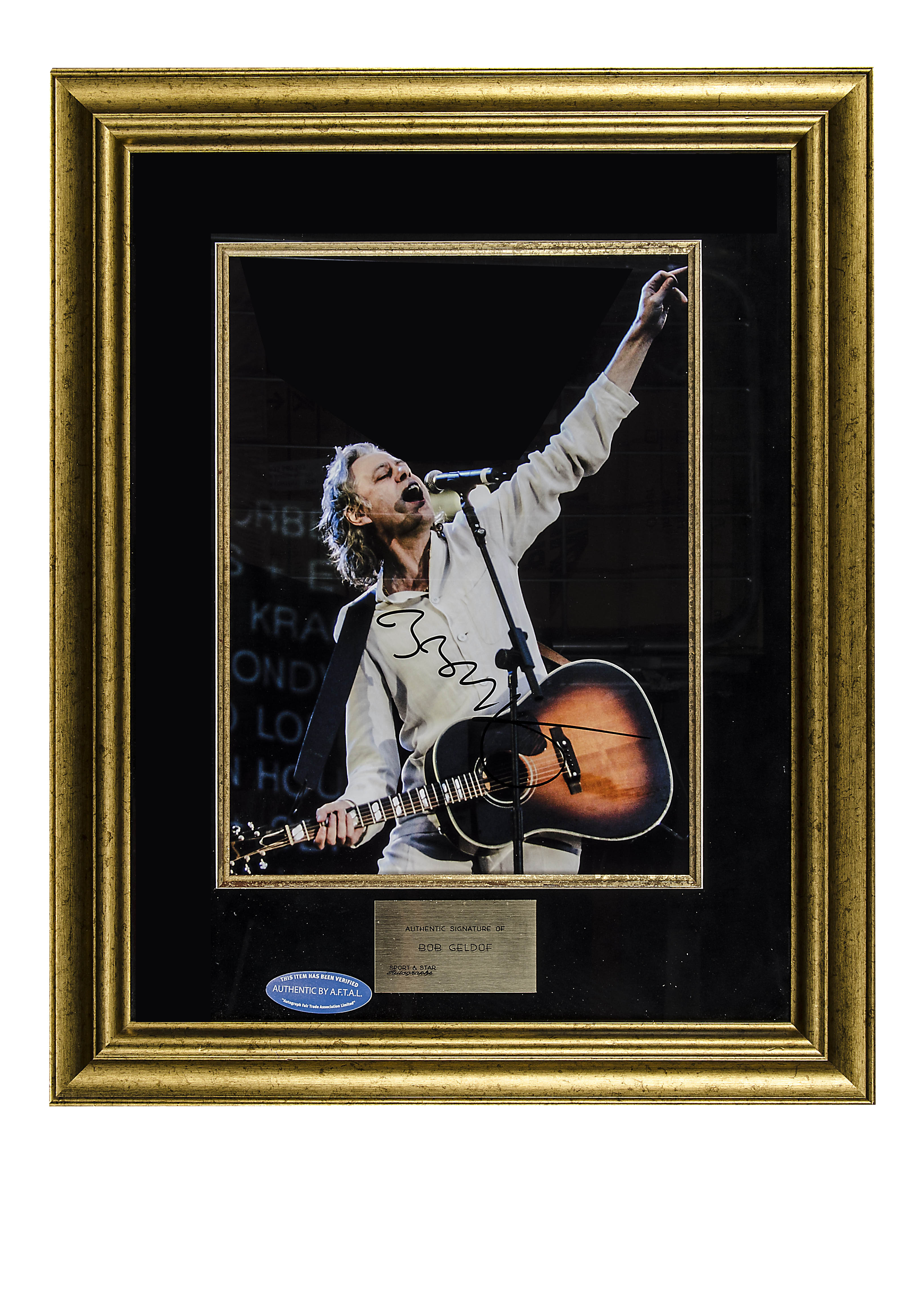 Bob Geldof / Autograph: Framed and glazed colour print signed Bob Geldof, with UACC certificate of