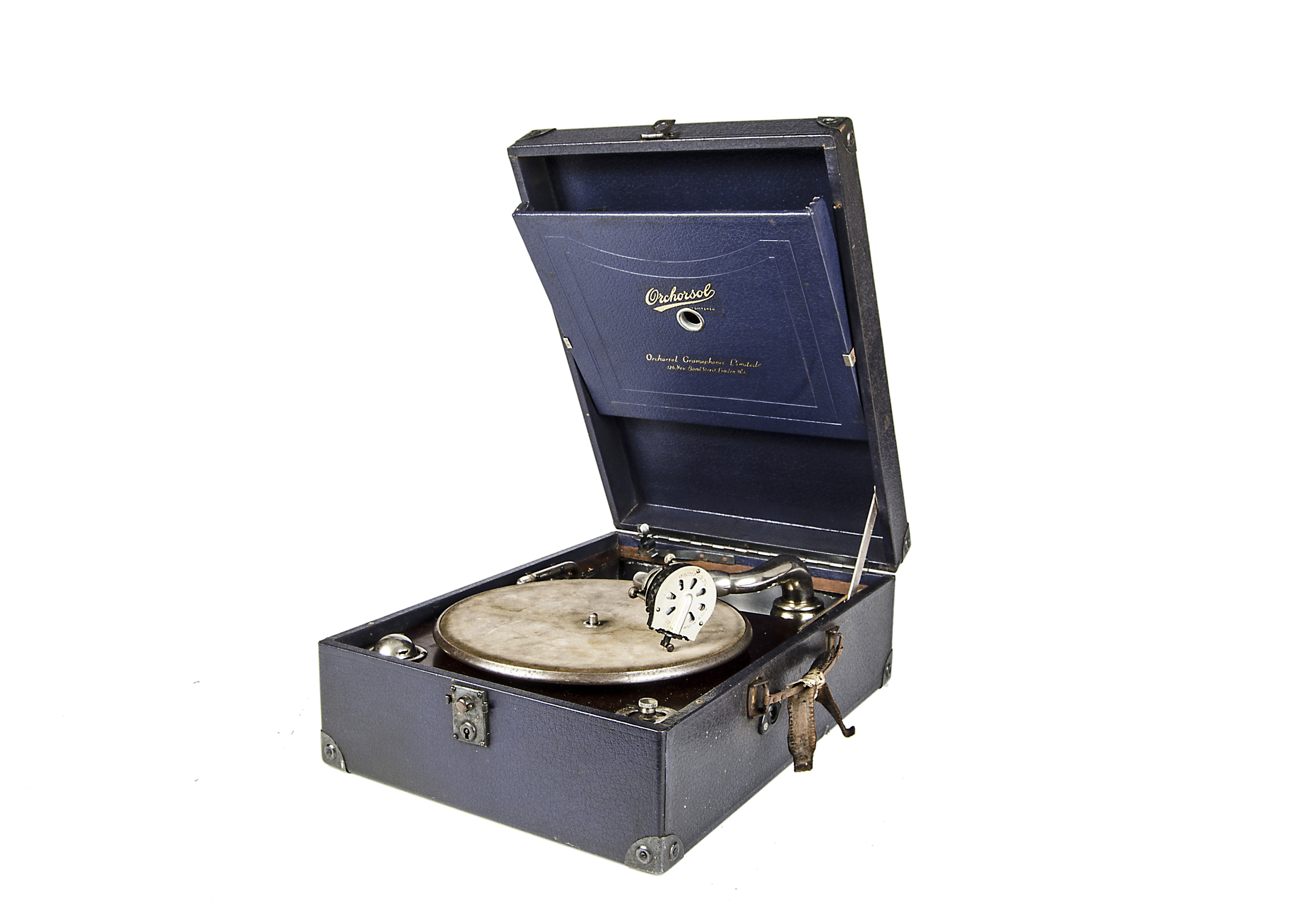 Portable gramophone: an Orchorsol portable gramophone, with Ochorsol adjustable soundbox, in blue