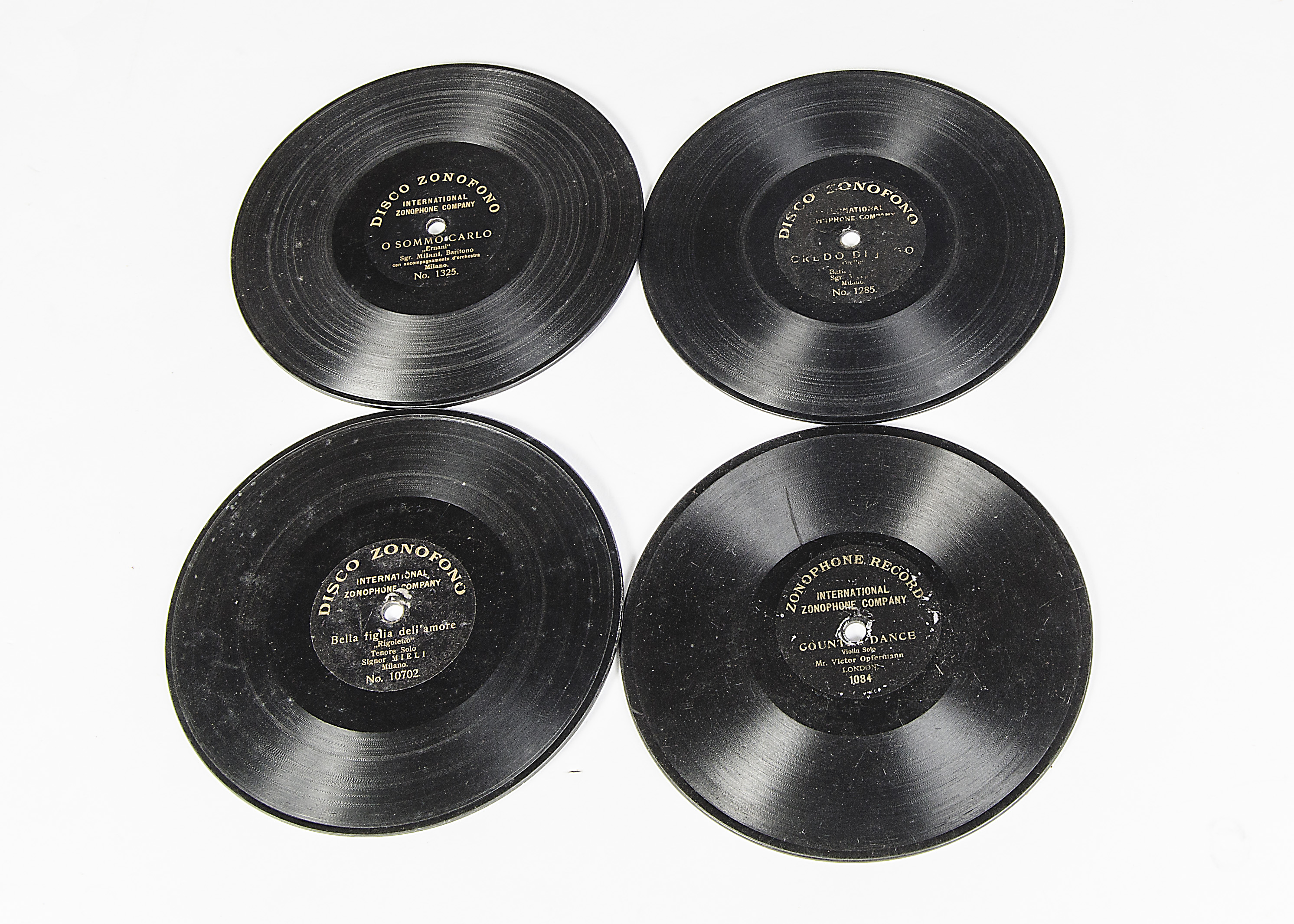 Zonophone 7-inch records: 10702 Mieli, Rogoletto; 1325 Milani, Ernani; 1285 Milani, Otello;1084 V